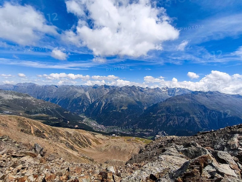 Scenic view from Gaislachkogel over the Ötztal Alps and down into the Ötztal near Sölden, Tyrol, Austria