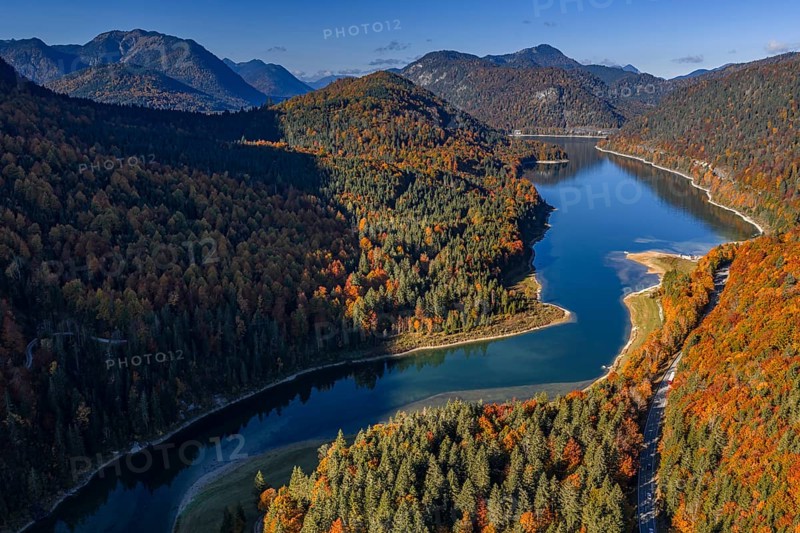 Mountain lake, mountains, sunny, morning light, autumn, autumn color, forest, aerial view, Sylvensteinsee, Upper Bavaria, Bavaria, Germany