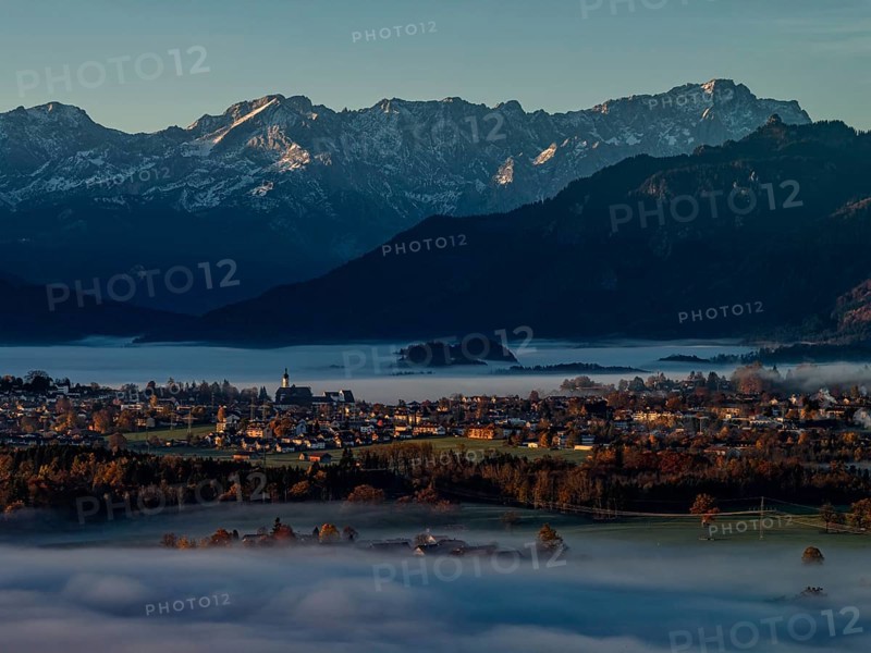 City, church, mountains, sunny, morning light, autumn, autumn color, fog, aerial view, Murnau, behind Zugspitze, Upper Bavaria, Bavaria, Germany