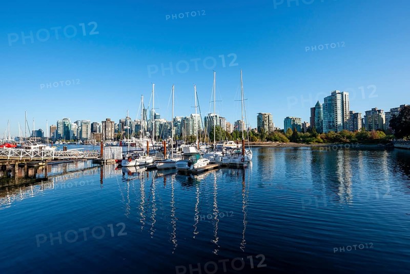Skyscrapers and sailboats in the marina, Vancouver skyline reflected in the ocean, Coal Harbour, Downton Vancouver, British Columbia, Canada