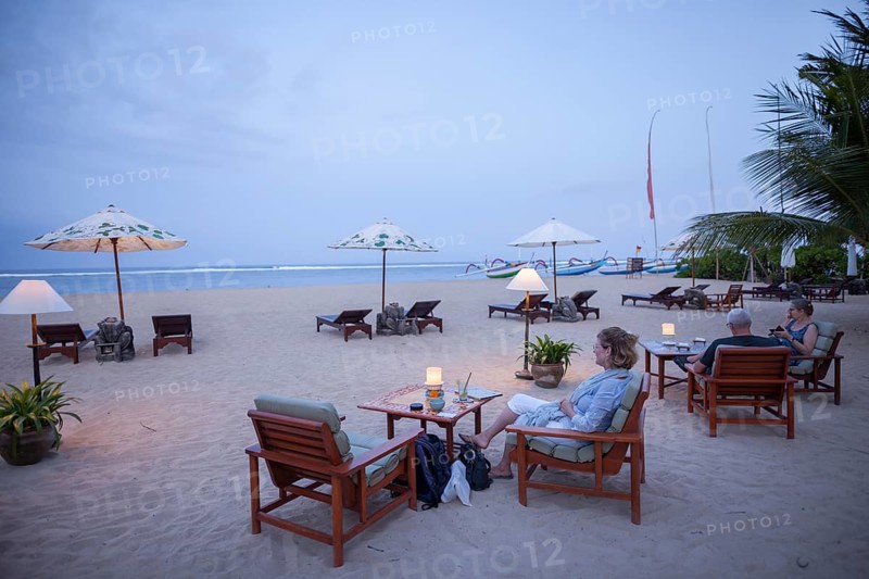 Restaurant on Sanur beach in the evening, Bali, Indonesia