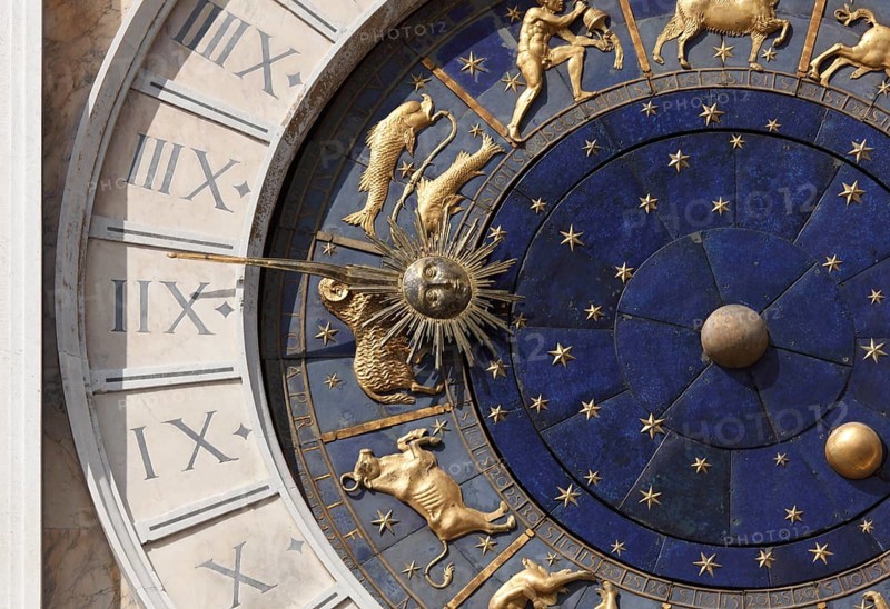 Torre dell'Orologio (1496-1506) on St Mark's Square (Piazza San Marco), the Astrological Clock Shows the Phases of the Moon, the Sun and the Signs of the Zodiac. The dial is made of lapis lazuli, Venice, Italy