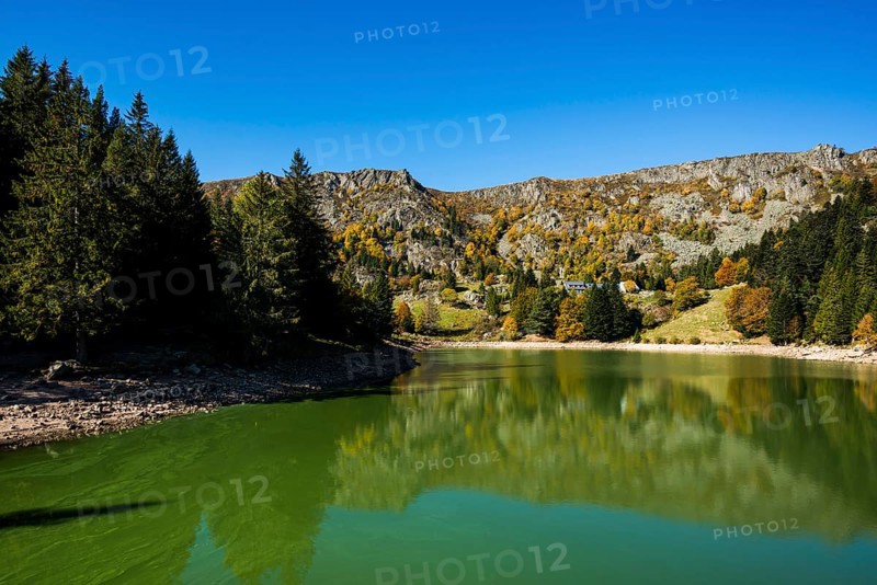 Picturesque mountain lake in autumn, Lac de Forlet, Lac des Truites, Col de la Schlucht, Vosges, Alsace-Lorraine, Department of Vosges Haut-Rhin, France