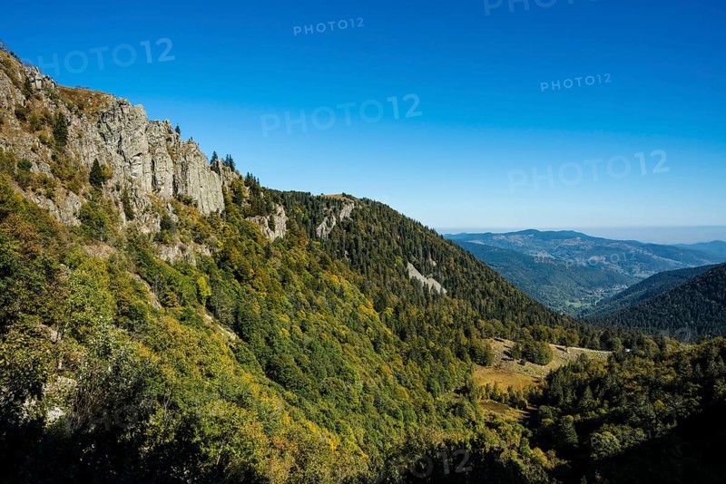 Alpine trail and rocks, at Hohneck, Col de la Schlucht, Vosges, Alsace-Lorraine, Vosges Haut-Rhin Department, France