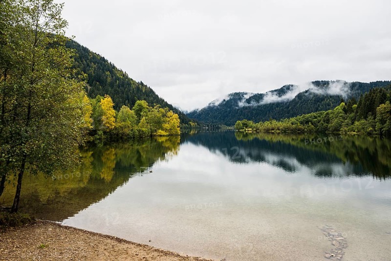 Picturesque mountain lake in autumn, Lac de Longemer, Xonrupt-Longemer, Vosges, Alsace-Lorraine, Department of Vosges Haut-Rhin, France
