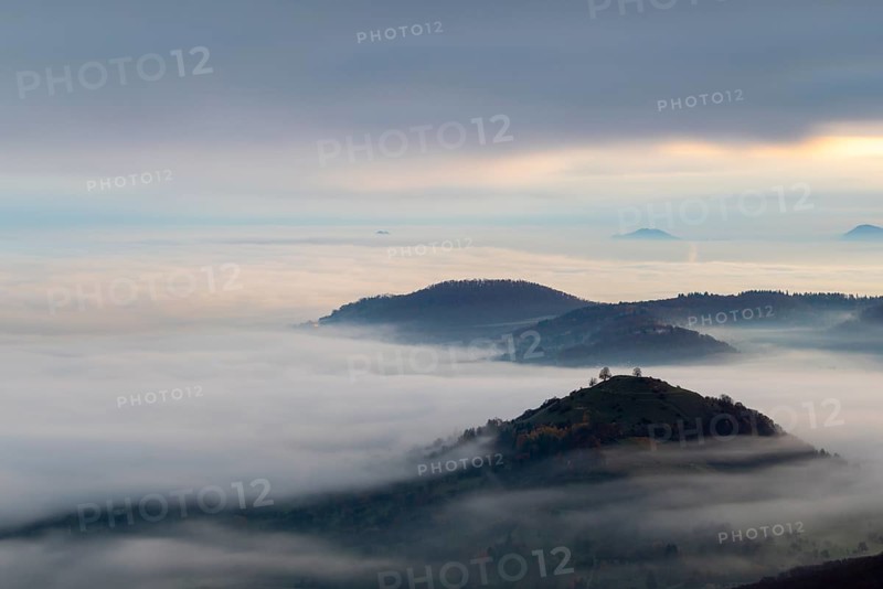 Inversion weather, fog, dawn, autumn, view from Breitenstein to Limburg, Ochsenwang, Swabian Jura, Baden-Württemberg, Germany
