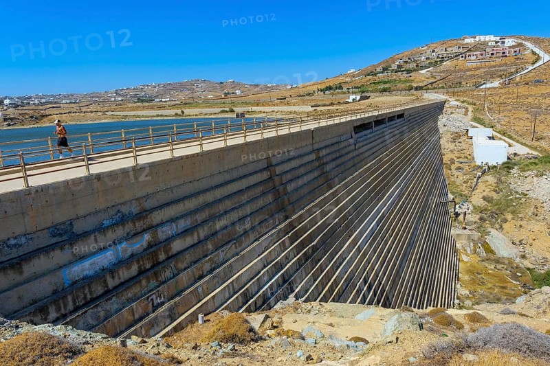 Mykonos, Cyclades, Greece — Marathi Dam, Mykonos Municipal Water Supply and Sanitation Company has two dams, Marathi Reservoir and Fokos Reservoir, to supply water to the island. Due to the prolonged drought, both are almost empty and are not being used