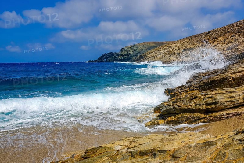 Mykonos, Cyclades, Greece - Fokos Beach, small settlement with sandy beach in the north of the island