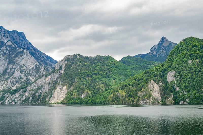 Landscape of Lake Traunsee on a rainy day in spring, Traunstein summit, Traunkirchen, Salzkammergut, Austria