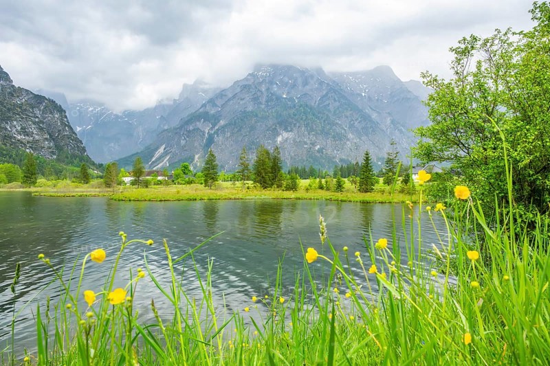 Landscape of Lake Almsee on a rainy day in spring, Salzkammergut, Austria