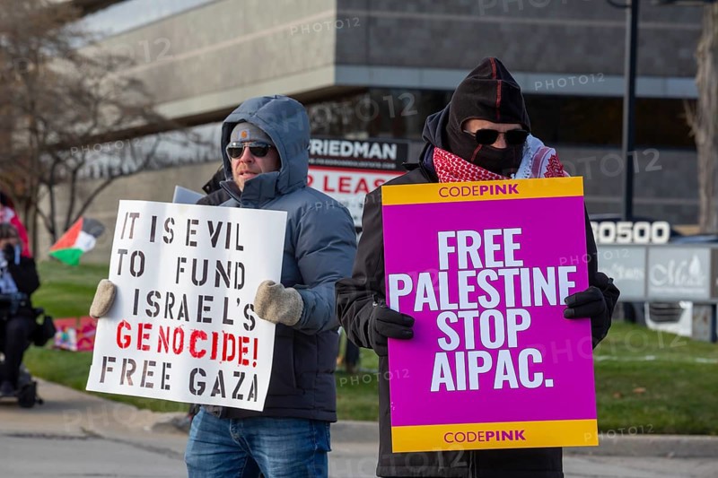 Farmington Hills, Michigan USA - 10 November 2025 - Activists picket U.S. Senator Haley Stevens' suburban Detroit office to protest the senator's acceptance of campaign funding from the American Israel Public Affairs Committee (AIPAC). CodePink is a feminist anti-war organization