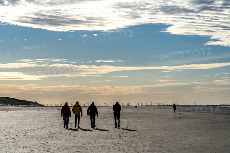 Walkers on the Wadden Sea near the East Frisian island of Spiekeroog, west of the North Sea island, at low tide, wind farm on the coast in the background, Lower Saxony, Germany