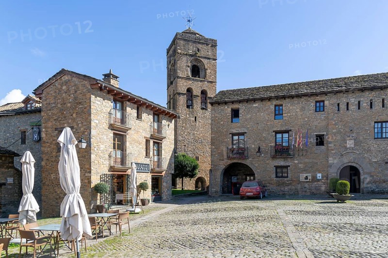 Church tower and town hall, historic buildings medieval village of Ainsa, Aínsa-Sobrarbe, Huesca province, Aragon, Spain