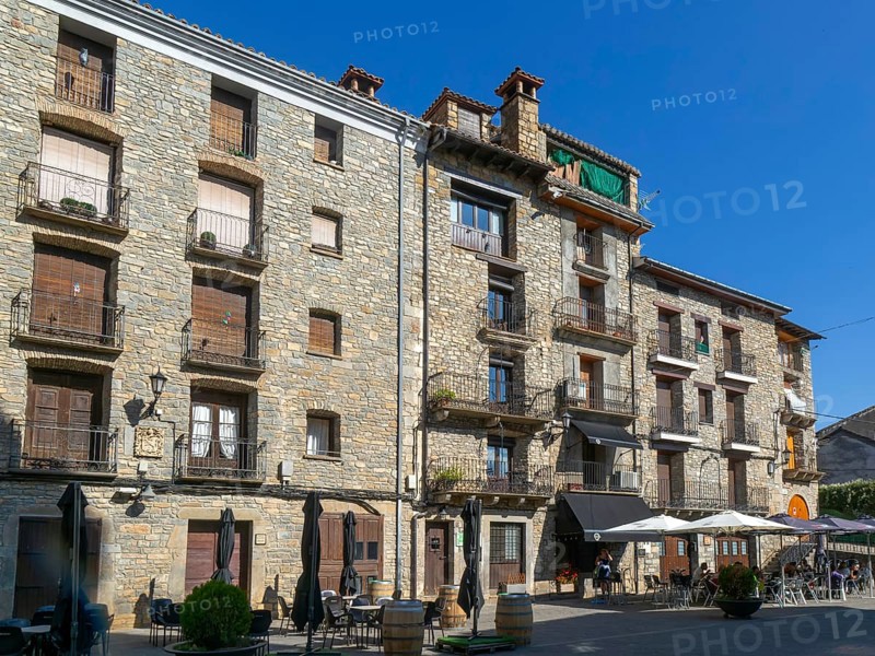 Buildings in main square plaza of historic medieval village of Boltana, Huesca province, Aragon, Spain