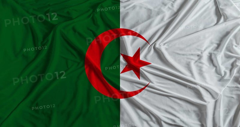 Algerian flag with fabric texture background. National flag of Algeria with cloth texture