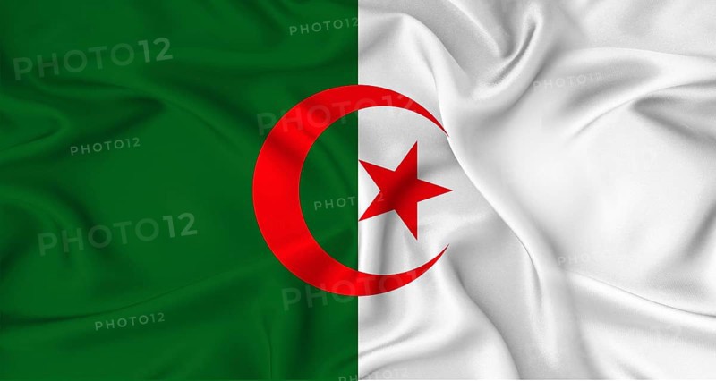Realistic Algerian flag waving. Close up of flag of Algeria with cloth texture