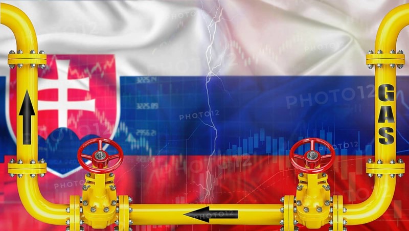 Gas exports from Russia to Slovakia on financial chart background. Russian gas export pipeline to Slovakia