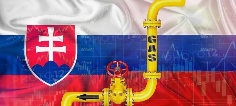 Gas pipeline with Russian and Slovak flag. Production and export of Russian gas to Slovakia