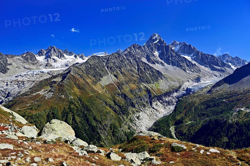 From left front Glacier du Tour back Aiguilles du Tour, right Aiguille du Chardonnet, in front foothills of the Argentière Glacier, Chamonix-Mont-Blanc, Haute-Savoie, France