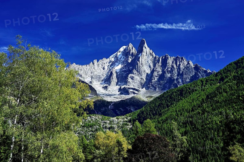 From left, snow-covered Aiguille Verte, Aiguille du Dru, Chamonix-Mont-Blanc, Haute-Savoie, France
