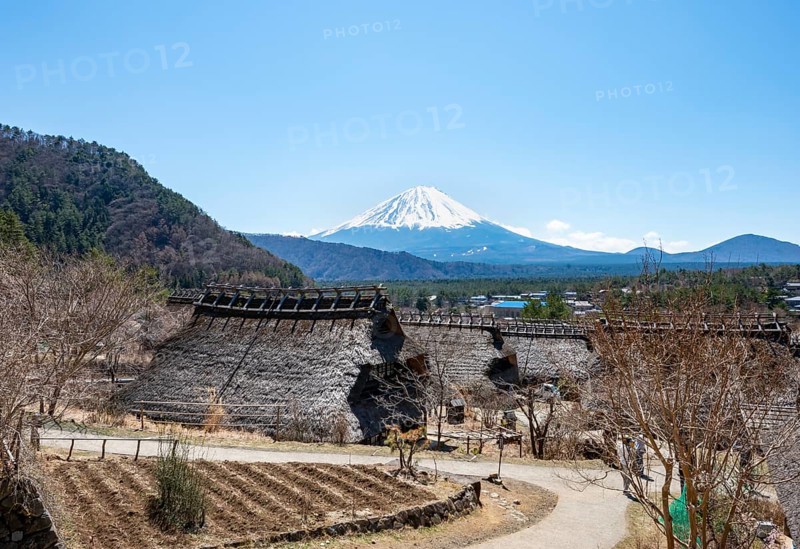 Iyashinosato open-air museum, old Japanese village with traditional houses, at the back volcano Mt. Fuji, Fujikawaguchiko, Saiko, Japón