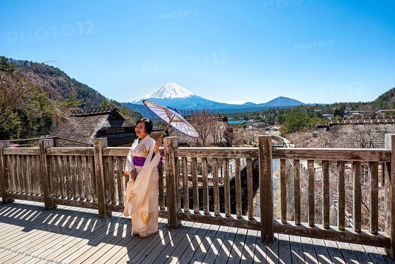 Japanese woman in kimono with umbrella, Iyashinosato open-air museum, old Japanese village with traditional houses, at the back volcano Mt. Fuji, Fujikawaguchiko, Saiko, Japón