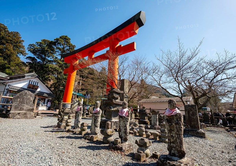 Stone statues and red torii gate, Sai no Kawahara, first torii of Hakone Shrine, Motohakone, Hakone, Japan