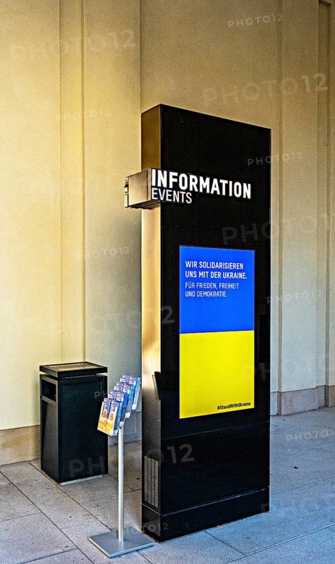 Black information columns with LED screen and notes, Humboldt Forum Berlin, Germany