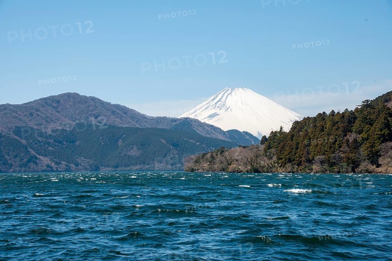 View of Lake Ashi with Mount Fuji volcano, Hakone, Japan