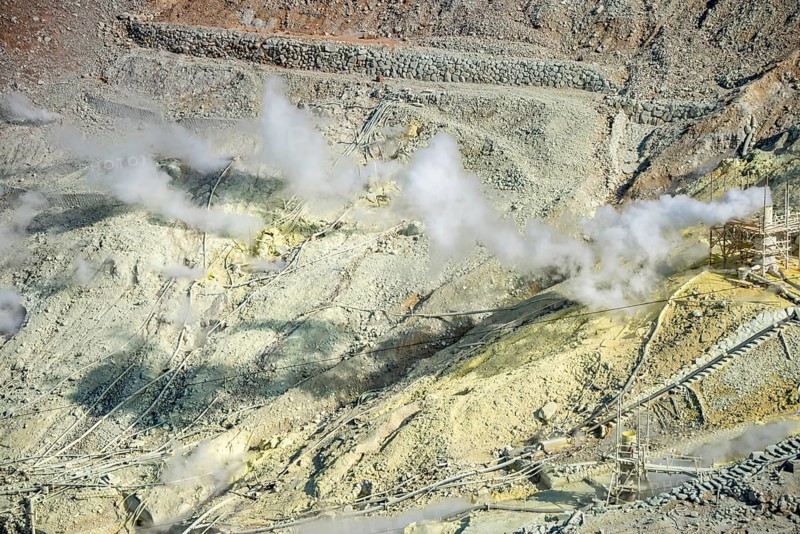 Steaming fumaroles in the Owakudani geothermal area at Komagatake volcano, Hakone, Japan
