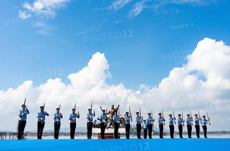 Indian Air Force personnel performs a bayonet drill demonstration on the bank of Brahmaputra river, during rehearsals ahead of the air show organised as part of the 93rd Air Force Day celebrations, on November 5, 2025 in Guwahati, India