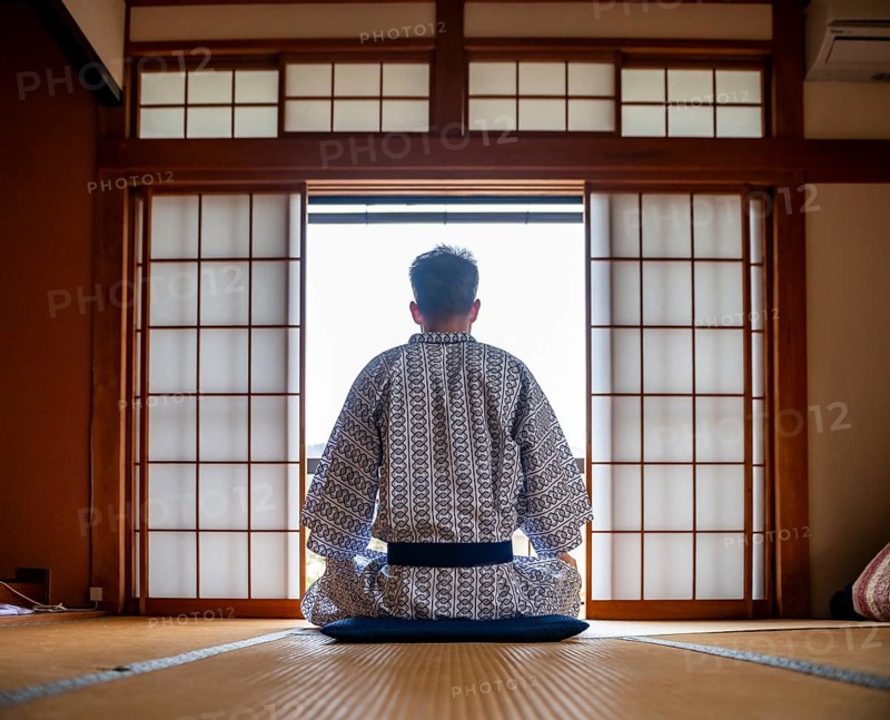 Young man wearing kimono sitting in traditional Japanese living room with tatami mats and shoji sliding doors, from behind, Yamanouchi, Nagano, Japan