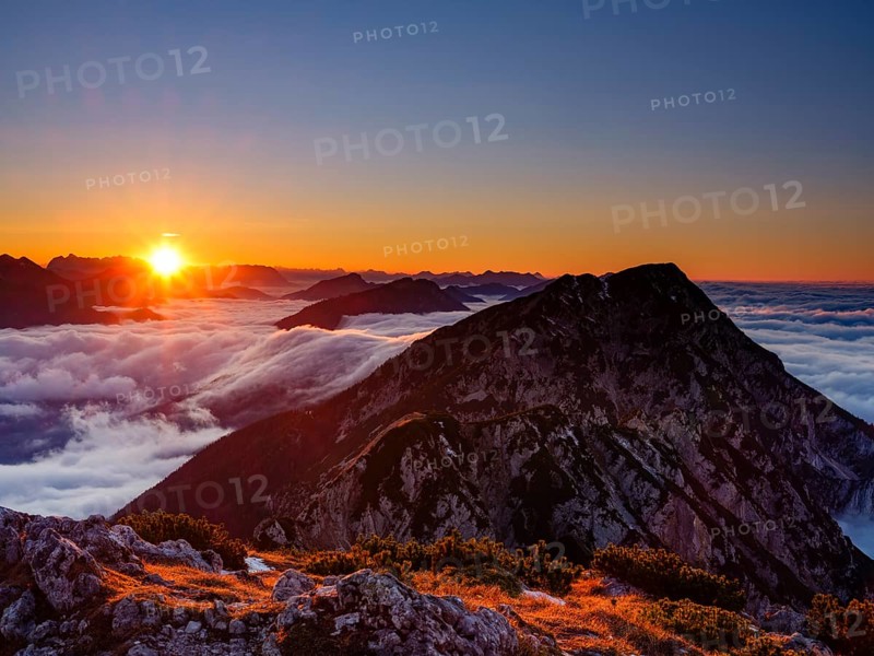 Alpine panorama at sunset, fog in the valley, Hochstaufen, Chiemgau Alps, Upper Bavaria, Bavaria, Germany