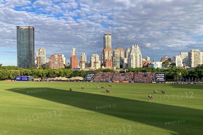 Scene at the 132nd Argentine Open Polo Championship (Spanish Campeonato Argentino Abierto de Polo), UAE Polo versus Sol de Agosto, with the skyline of Buenos Aires, Argentina