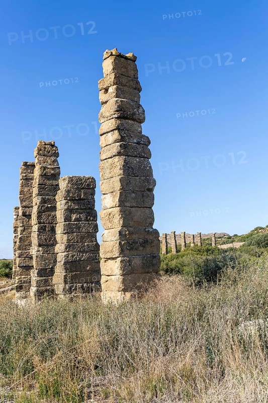 Stone columns of ancient aqueduct, Roman site of Los Banales, near Layana, Zaragoza province, Aragon, Spain