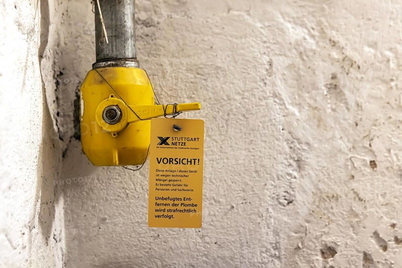Precautionary measure in the event of a gas leak. Seal a gas pipe. The Stuttgart networks have blocked the gas supply line. Removal of the lock will be prosecuted. Stuttgart, Baden-Württemberg, Germany