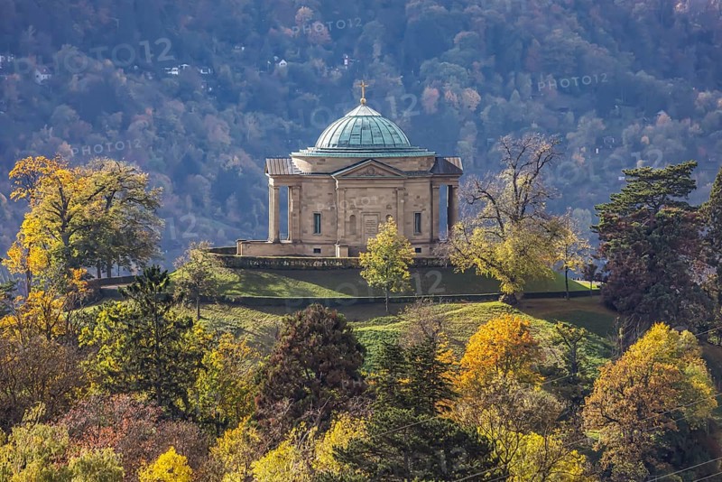 View from the Egelseer Heide to the grave chapel in Württemberg. Landscape around the tourist attraction in autumn. Stuttgart, Baden-Württemberg, Germany