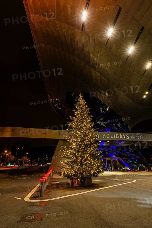 Illuminated Christmas tree in front of BMW World, Petuelring, Munich, Upper Bavaria, Bavaria, Germany
