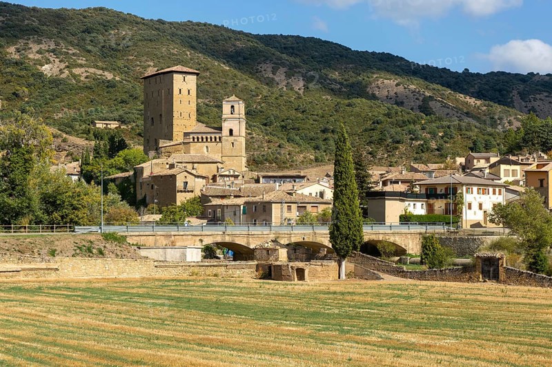 Landscape view from countryside of medieval village of Biel, Cinco Villas, Zaragoza province, Aragon, Spain