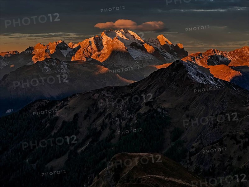 Mountain landscape, morning light, cloud atmosphere, autumn, aerial view, Giau Pass, view of Marmolada, Dolomites, Italy