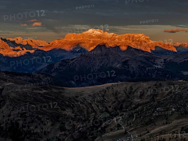 Mountain landscape, morning light, cloud atmosphere, autumn, aerial view, Giau Pass, view of Tofana Group, Dolomites, Italy