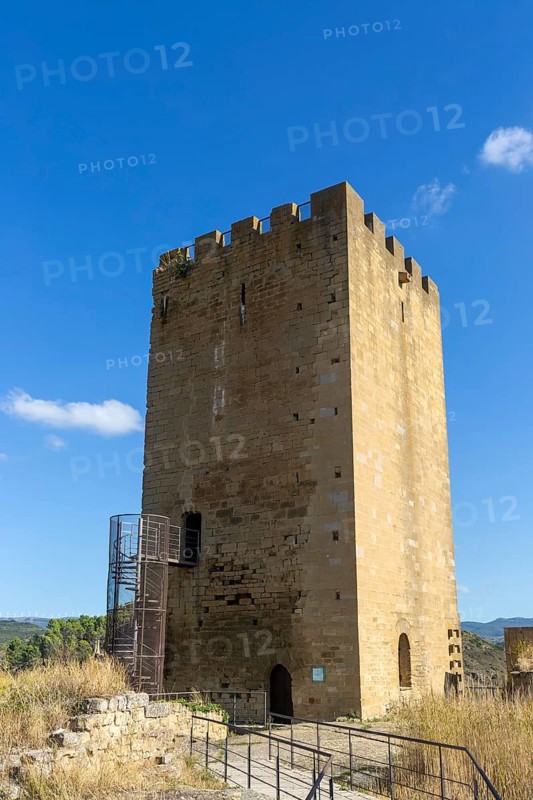 Castle tower in medieval village of Uncastillo, Cinco Villas, Zaragoza province, Aragon, Spain