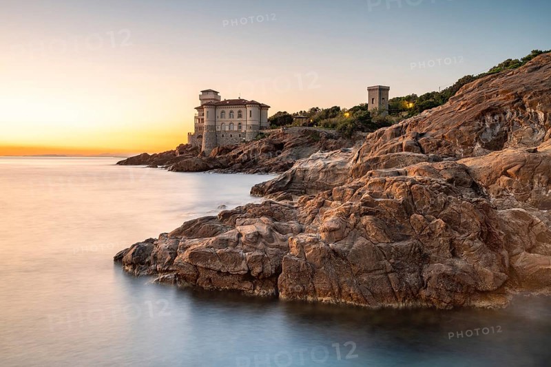 Castello del Boccale in the evening, castle on the coast, Livorno, Tuscany, Italy