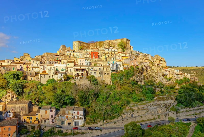 Low angle view of Ragusa Ibla historic town, Ragusa Ibla, Ragusa province, Sicily, Italy