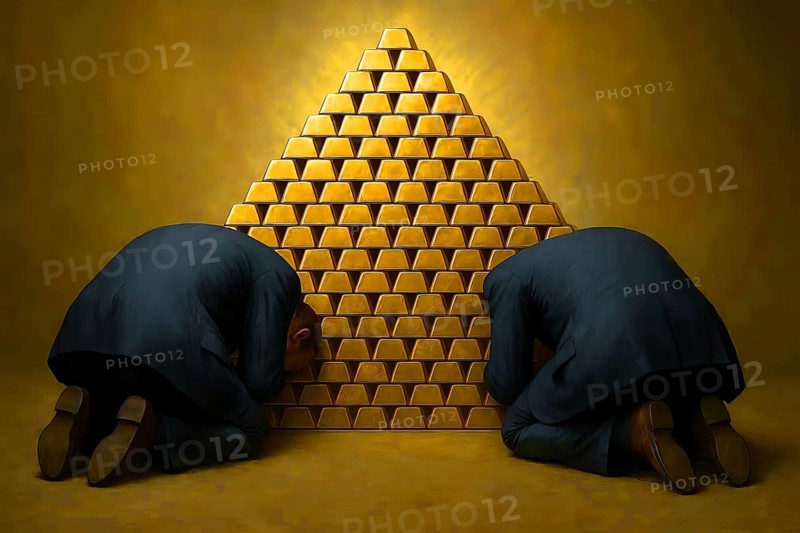 Two men worship a pile of gold bars and bow down, symbolizing gold, wealth, power, greed, luxury, waste, precious metal, AI generated, AI generated