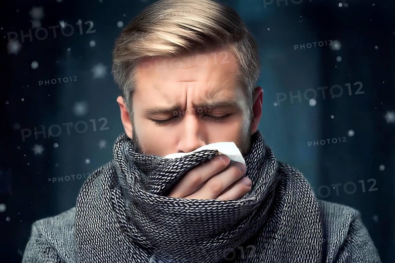 A man with severe cold, symbol cold, sick, illness, cough, fever, health, health care, flu, flu effect, AI generated, AI generated