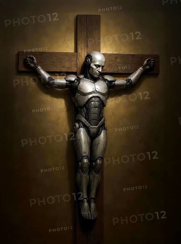 A humanoid robot is nailed to the cross, symbol of religion, faith, technology, martyr, believing in technology, hostile to technology, rejection, progress, mechanization, crucifixion, Android, AI generated, AI generated