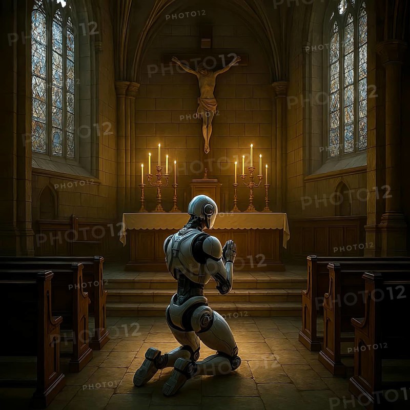 A humanoid robot kneels in a church and prays, symbol image android, technology, robotics, feeling, religion, church, electronics, bionics, AI generated, AI generated