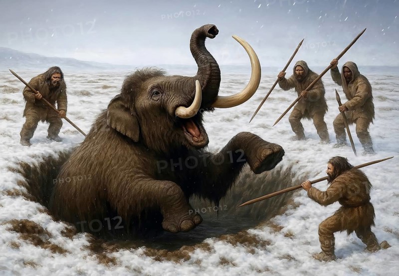 A mammoth (mammoth) in a trap in the glacial cold steppe is attacked by prehistoric hunters with spears, symbolic image woolly mammoth, mammoth primigenius, elephant, ice age, prehistoric, extinct, animal world, AI generated, AI generated