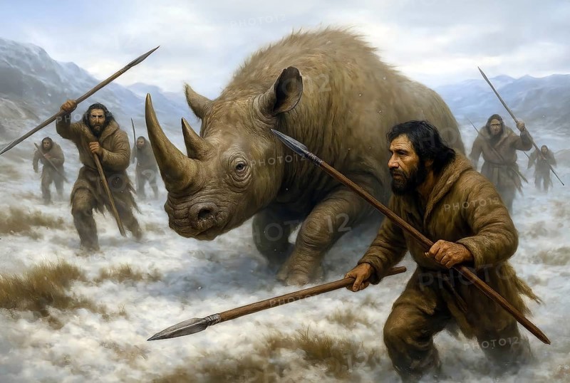 A woolly rhinoceros (Coelodonta antiquitatis) is hunted in the glacial cold steppe by prehistoric hunters with spears, symbolic image rhino, ice age, cold age, extinct, wildlife, prehistoric, AI generated, AI generated
